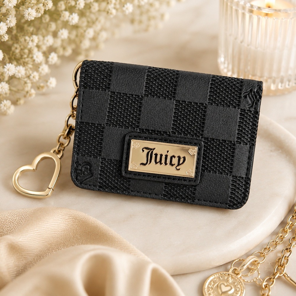 Juicy Couture Card Holder Wallet Black Checkerboard Bifold Keychain Gold Logo
